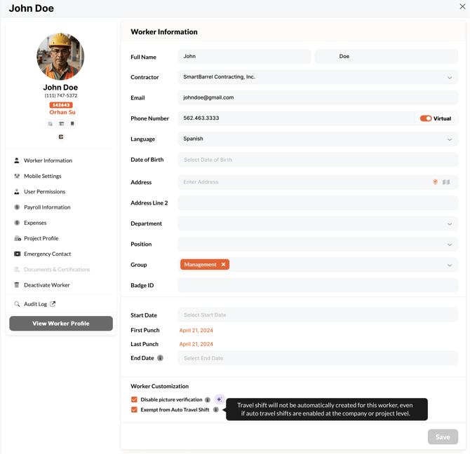 Worker Exempt auto travel shift