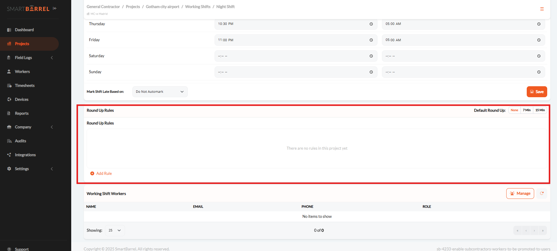 How do I set Rounding Rules and Break Time for my project?